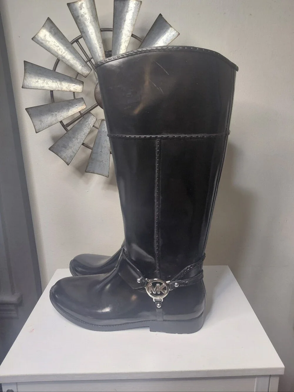 Michael Kors Fulton Black Knee High Rain Boot Logo Harness Size 9
